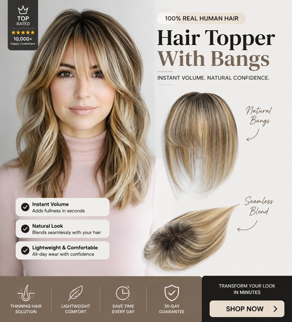 Human Hair Topper with Bangs | Hair Piece for Thinning Hair
